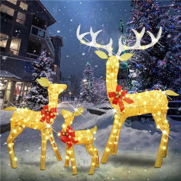 Set of 3 Pre-lit Golden Reindeer with 210 LEDs Warm White Lights - Picture 7 of 7